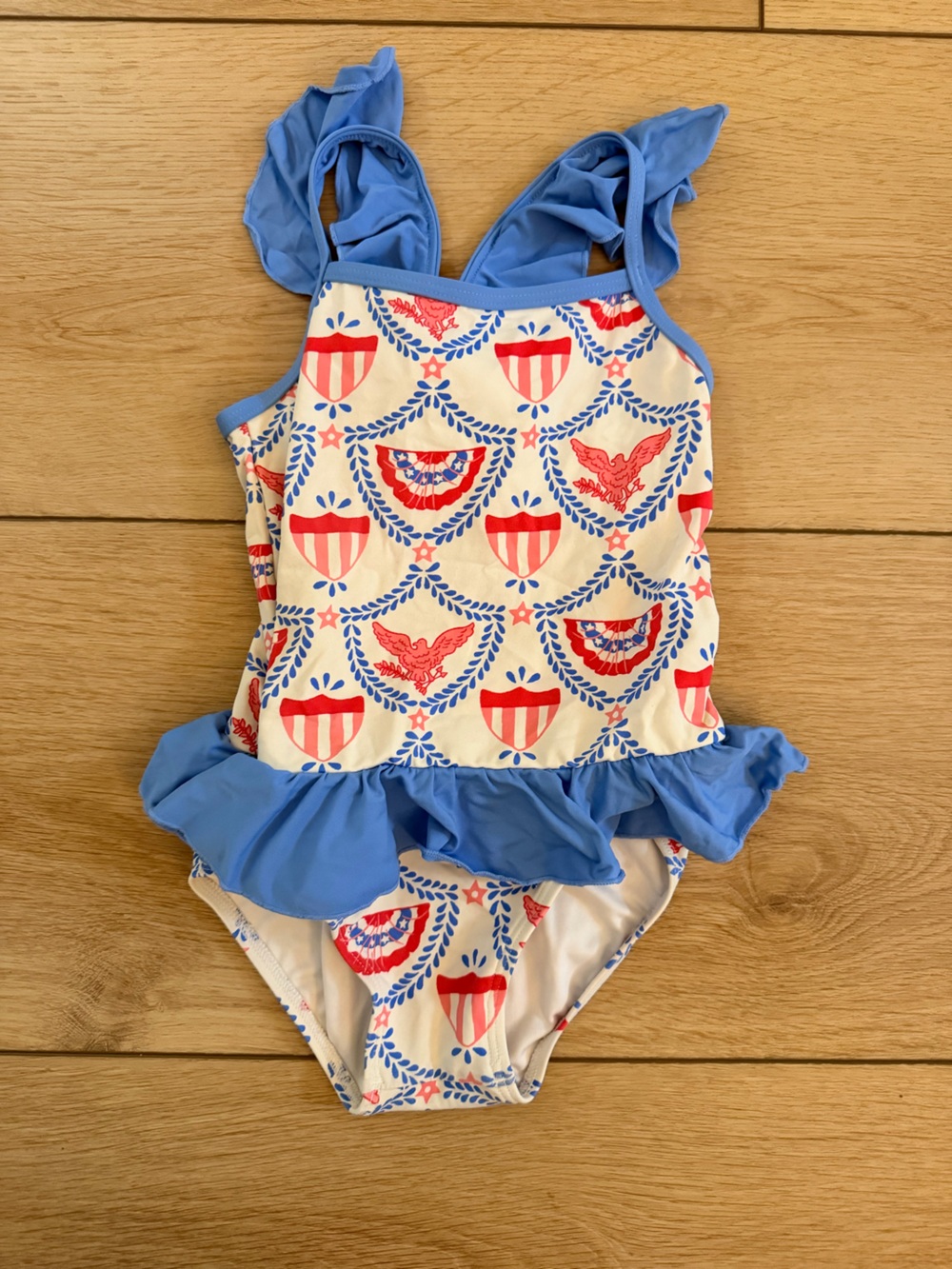 The Beaufort Bonnet Company Girls Red White and Blue Ruffle Swim One-Piece